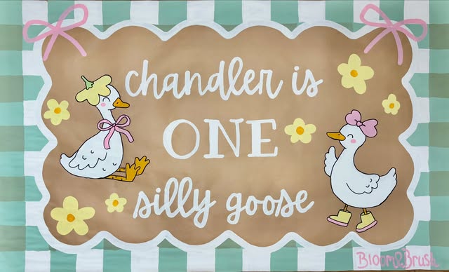Chandler is one silly goose banner with mint gingham and two geese