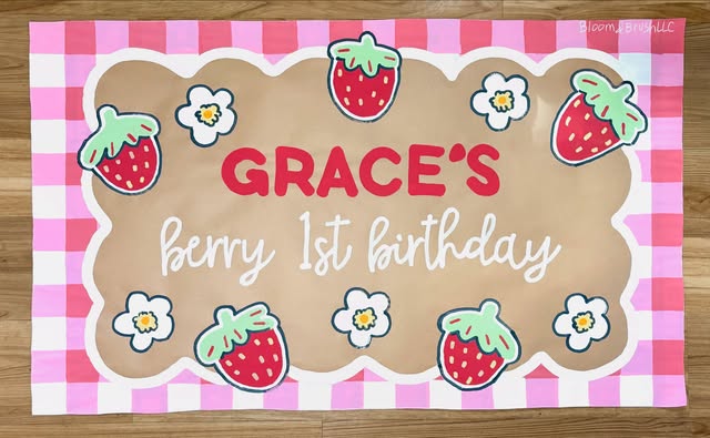 Grace's berry 1st birthday banner with strawberries and pink gingham